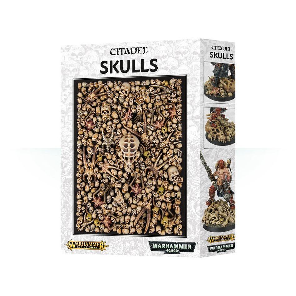 Box of Citadel Skulls for Warhammer decoration, featuring 340 assorted plastic skulls.