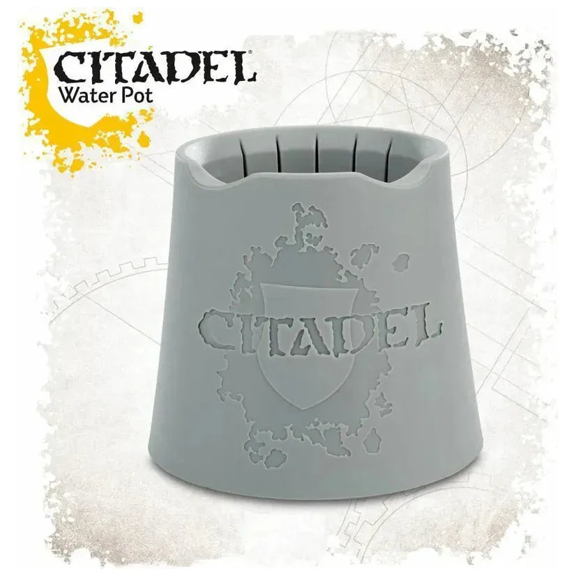Citadel Water Pot made of durable grey plastic with ribbed cleaning sections and brush storage canal.