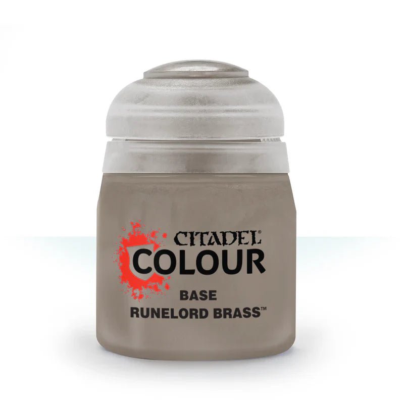 Runelord Brass Base Paint, 12ml pot with high pigment metallic finish.