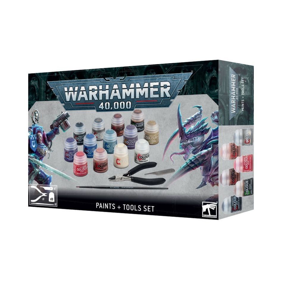 Warhammer 40000 Paints and Tools Set box with 13 Citadel Colour paint pots and painting tools.