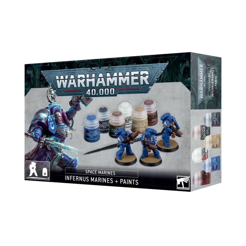 Warhammer 40000 Space Marines Infernus Marines and Paints set with Citadel Colour paints and brush.