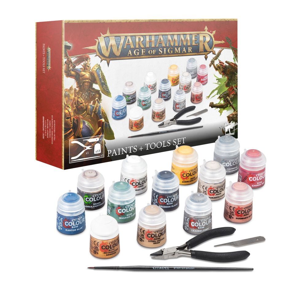 Warhammer Age of Sigmar Paints and Tools Set 2024 with 13 Citadel Colour paints and tools.