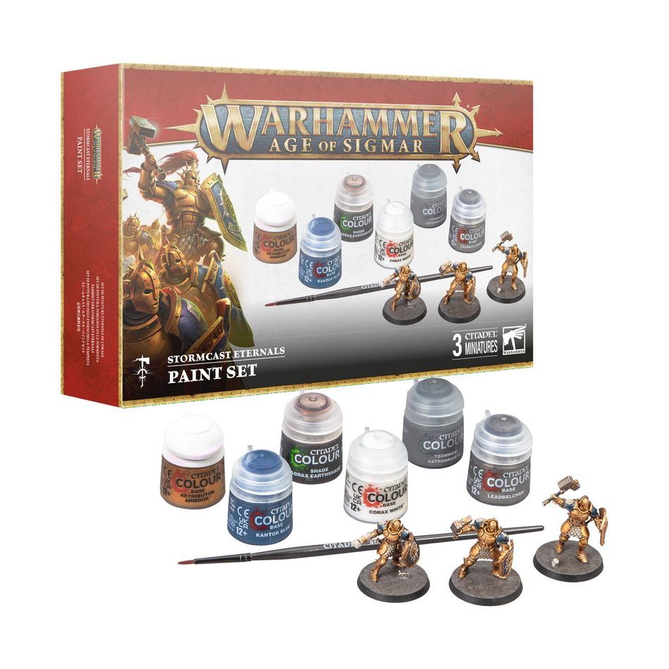 Warhammer Age of Sigmar Stormcast Eternals Paint Set with miniatures, paints, and brush.