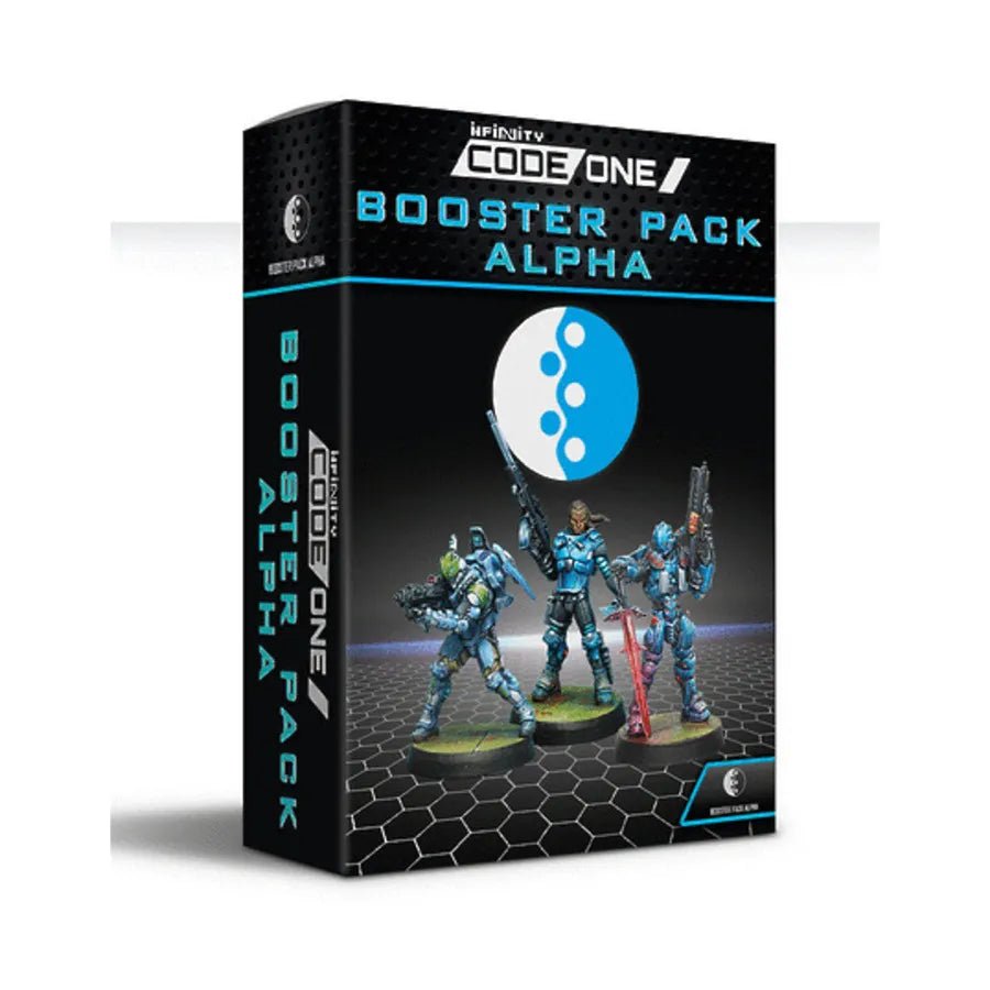 Infinity PanOceania Booster Pack Alpha featuring 3 unpainted miniatures: Akalis with Combi Rifle, Swiss Guard with HMG, Croc Men with MULTI Sniper Rifle.