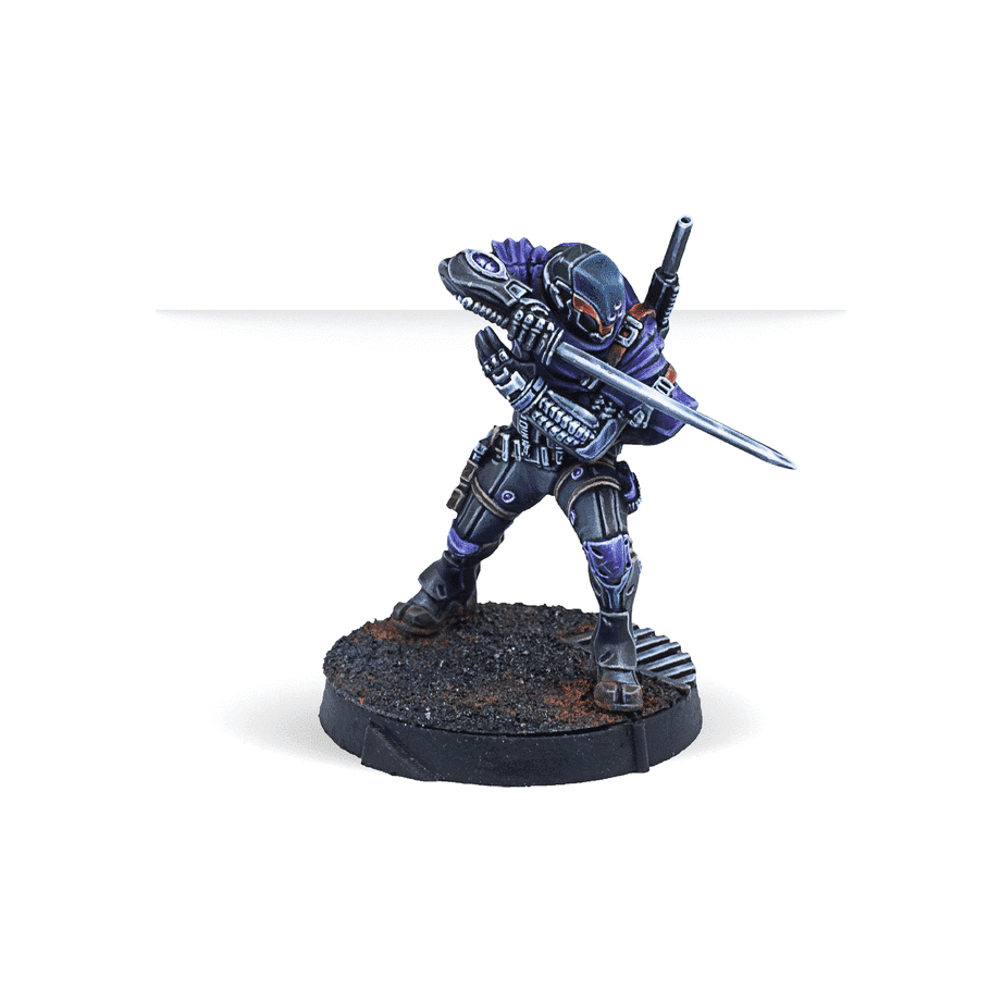 Kunai Solutions Ninjas miniature with Shock Marksman Rifle, posed for action.