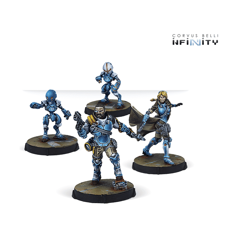 PanOceania Support Pack miniatures including Machinist, Trauma-Doc, and two PalBots.