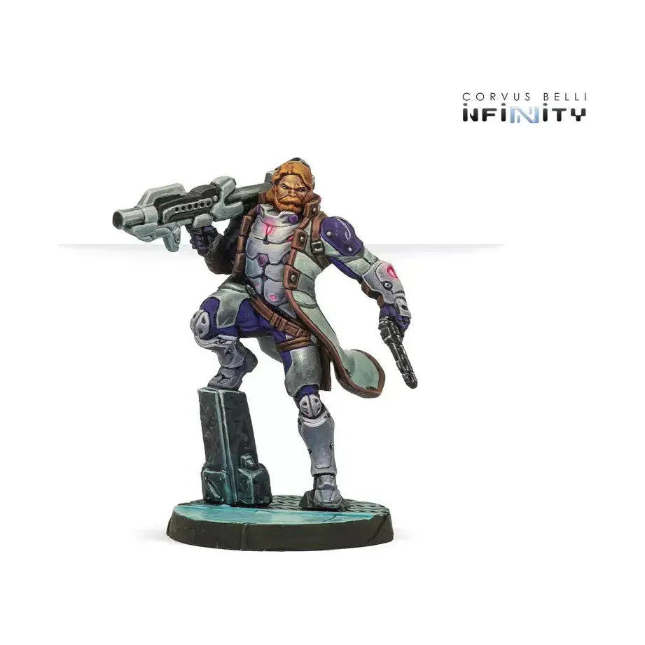 Miniature figure of Phoenix with Heavy Rocket Launcher from Infinity tabletop game.