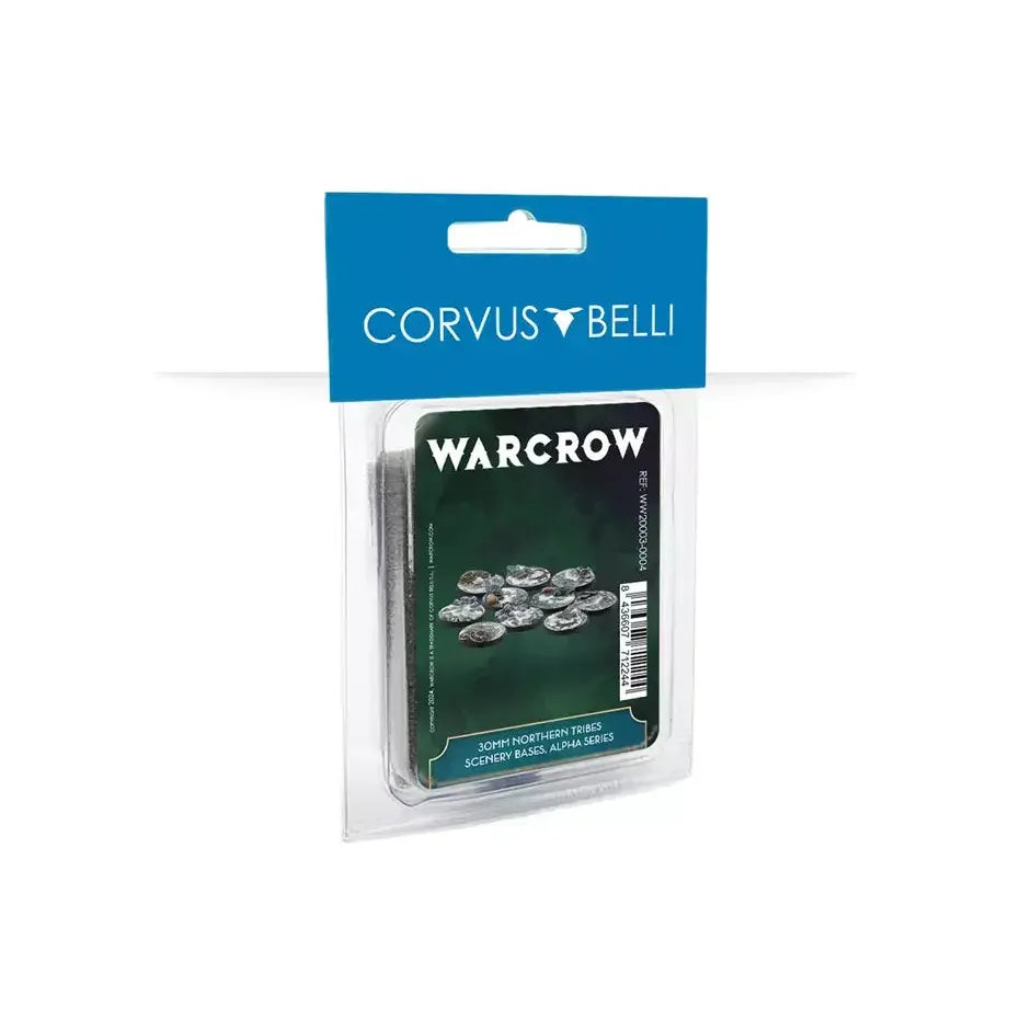 Warcrow 30mm Northern Tribes Scenery Bases in packaging, Alpha Series, unpainted thermoplastic set.