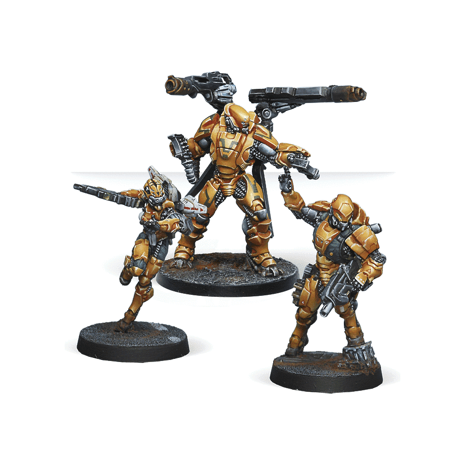 Yu Jing Booster Pack Beta featuring miniatures: Yān Huǒ with Missile Launcher, Zuyong with MULTI Rifle, Tiger Soldiers Hacker.