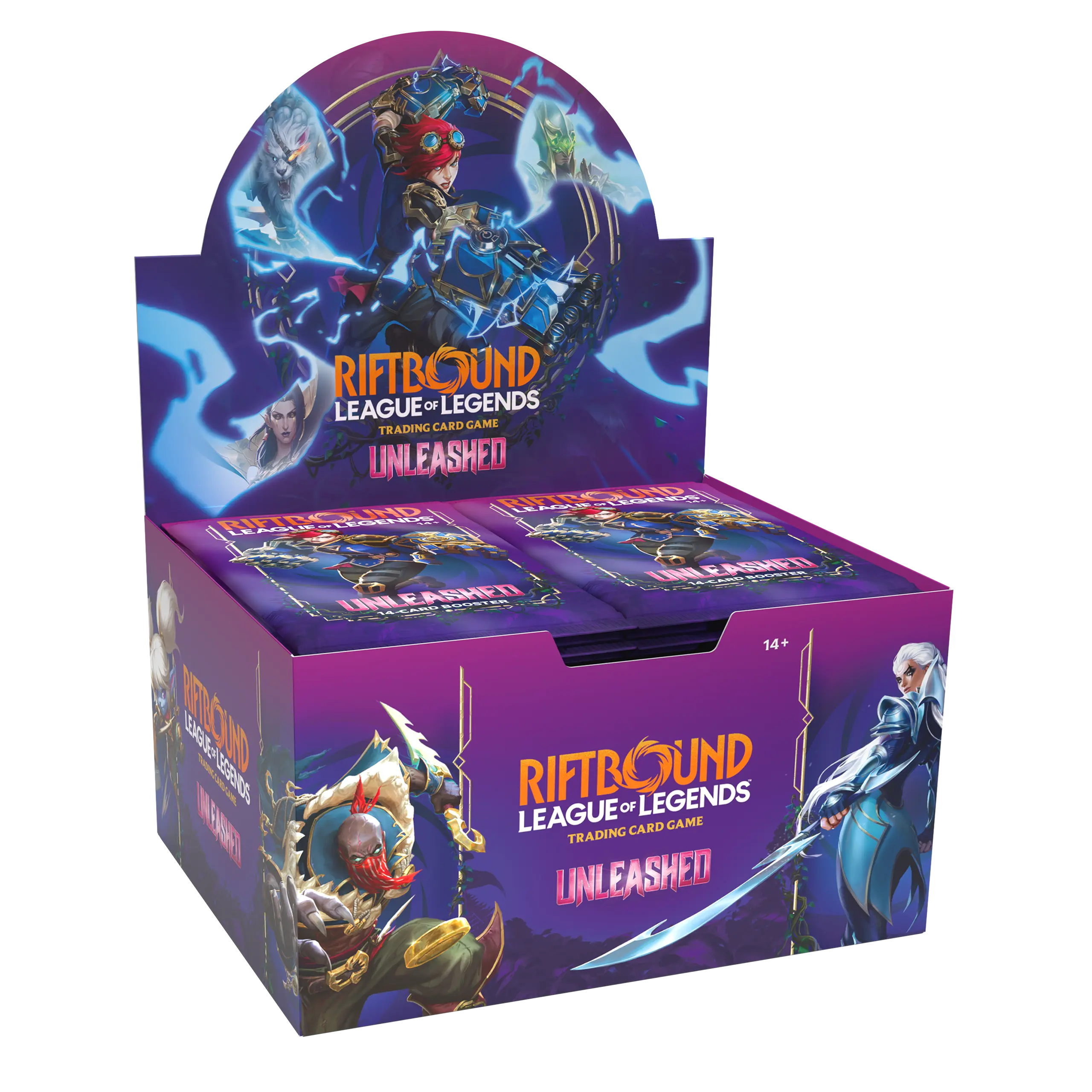 Riftbound TCG Unleashed booster display featuring colorful card artwork and packaging from Riot Games' collectible card game.