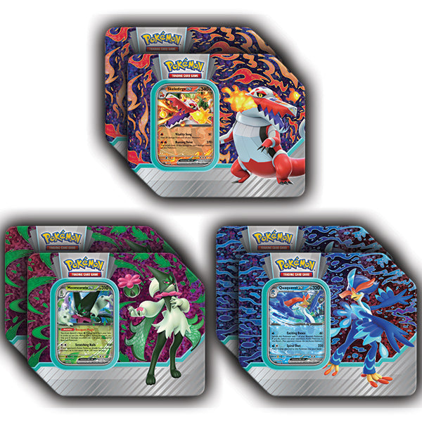 Pokemon TCG Paldea Partners Tin Case featuring Meowscarada ex, Skeledirge ex, and Quaquaval ex with styles and booster packs.