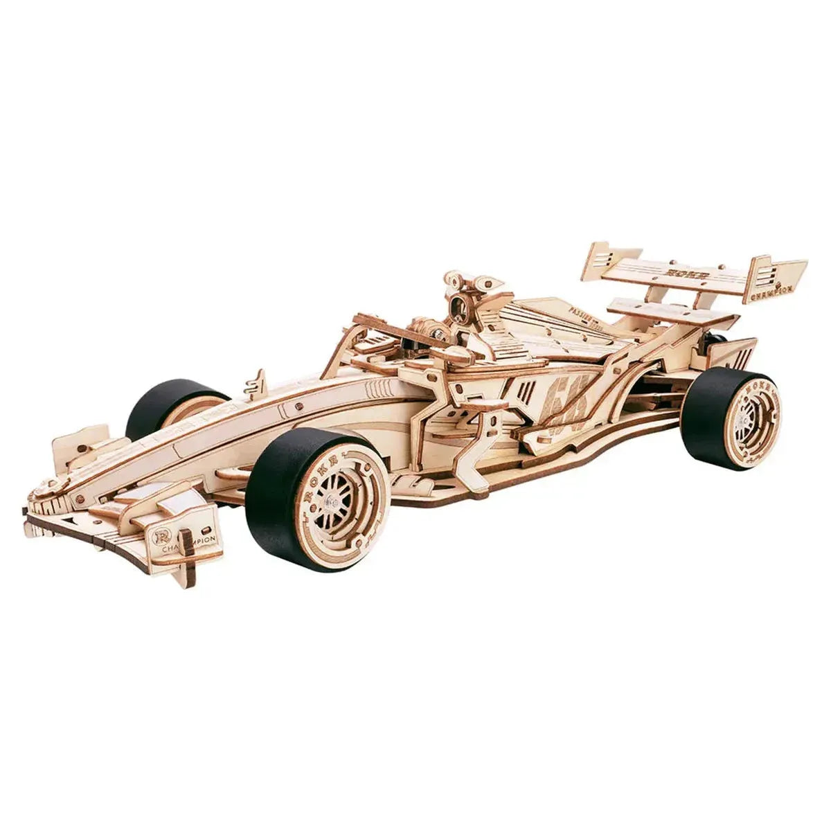 F1 Racing Car Model Kit with wooden construction, featuring mechanical gears, streamlined wing, and rear spoiler.