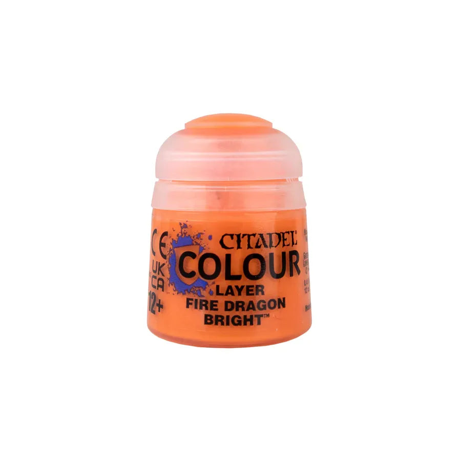Bright red and orange Fire Dragon Bright layer paint from Citadel Colour, shown on a paint palette with brush strokes.
