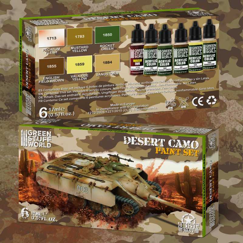 Green Stuff World Desert Camo Paint Set with acrylic colors for models and miniatures.