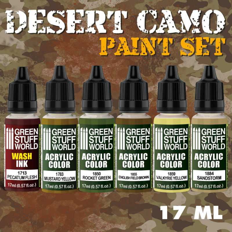 Green Stuff World Desert Camo Paint Set with six acrylic colors in dropper bottles on a camo background.