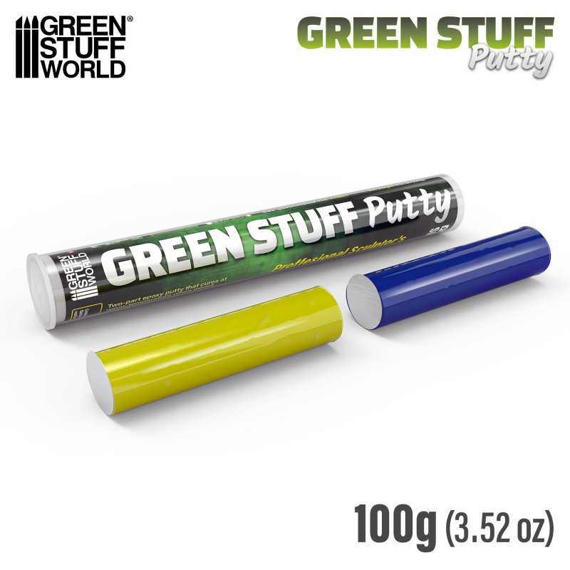 Green Stuff World Green Stuff Bar 100g epoxy putty, including blue hardener and yellow filler in bar format.
