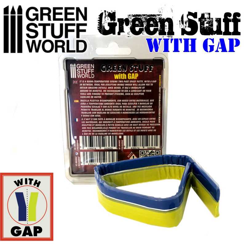 Green Stuff World Green Stuff Tape 12 inches with gap, two-part epoxy putty in room-temperature curing tape format, features blue hardener and yellow filler.