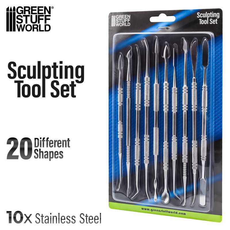 Green Stuff World stainless steel sculpting tool set with 10 double-headed tools for modeling.