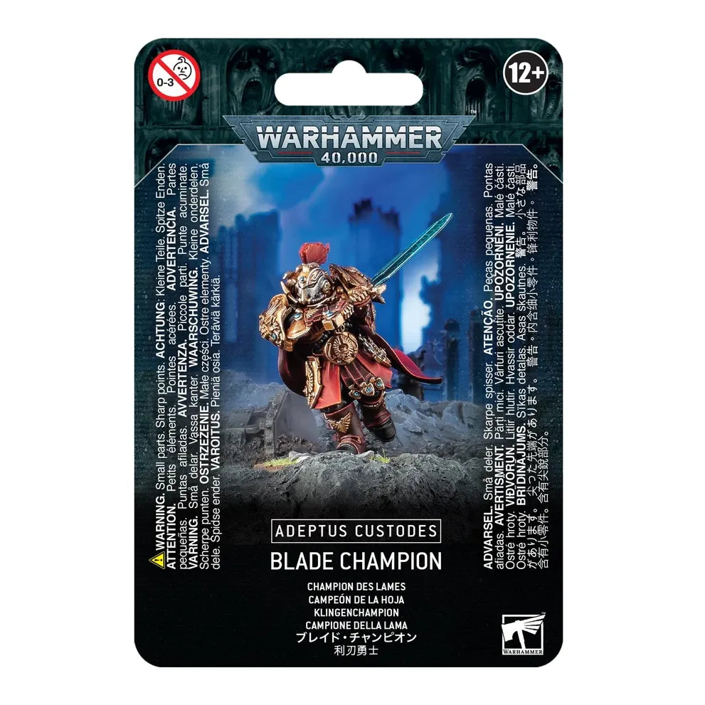 Adeptus Custodes Blade Champion miniature from Games Workshop, showcasing detailed armor and ornate weaponry in a dynamic pose.