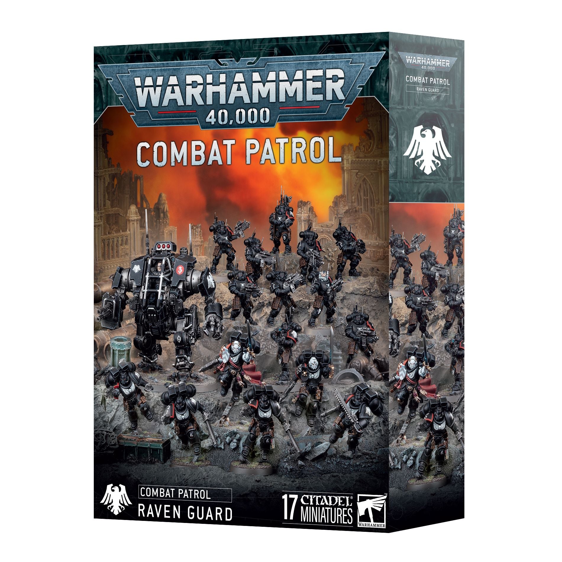 Miniature of Raven Guard Space Marines from Combat Patrol set by Games Workshop, featuring detailed armor and weaponry.