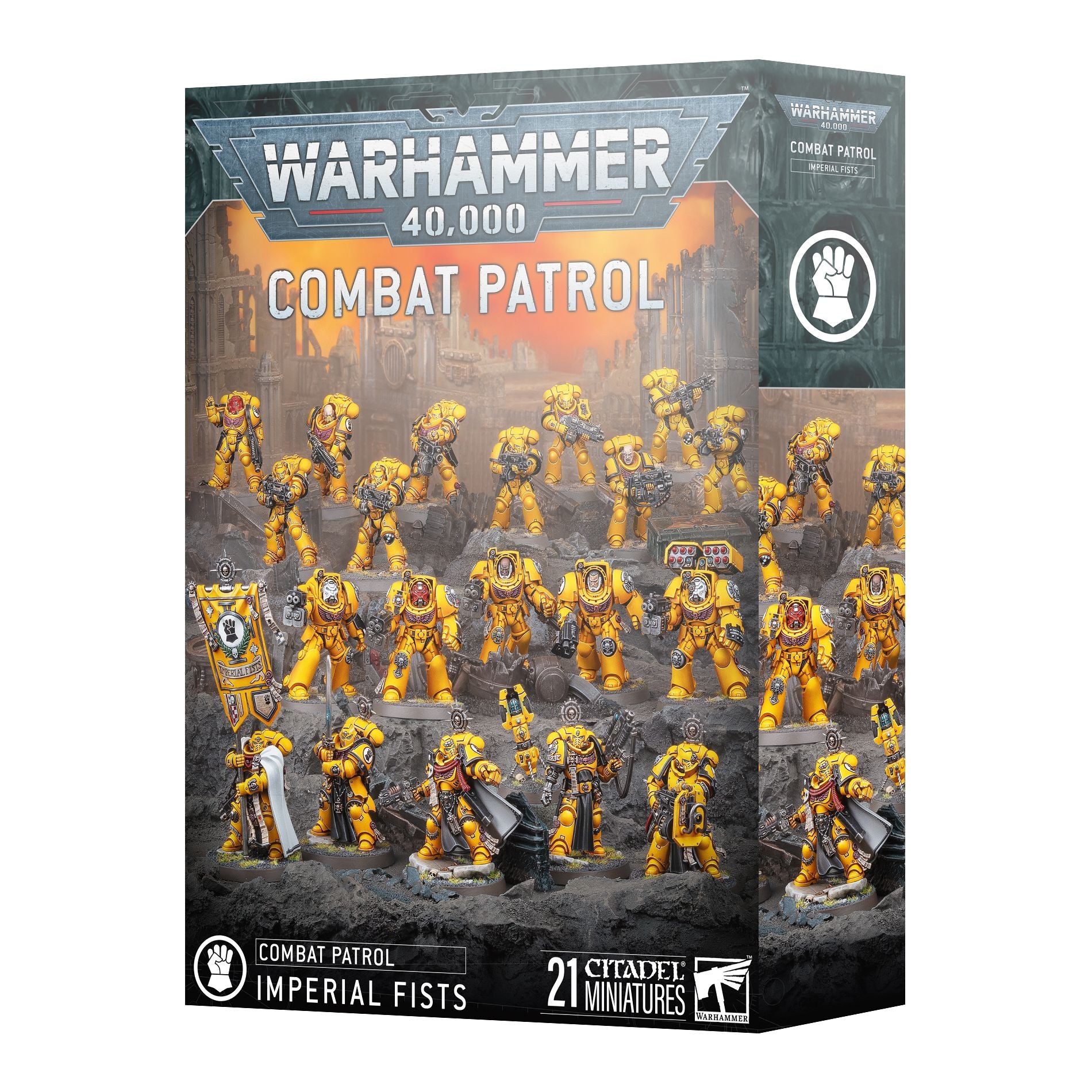 Imperial Fists Space Marines from Combat Patrol set by Games Workshop, showing detailed miniatures with green armor and tactical gear