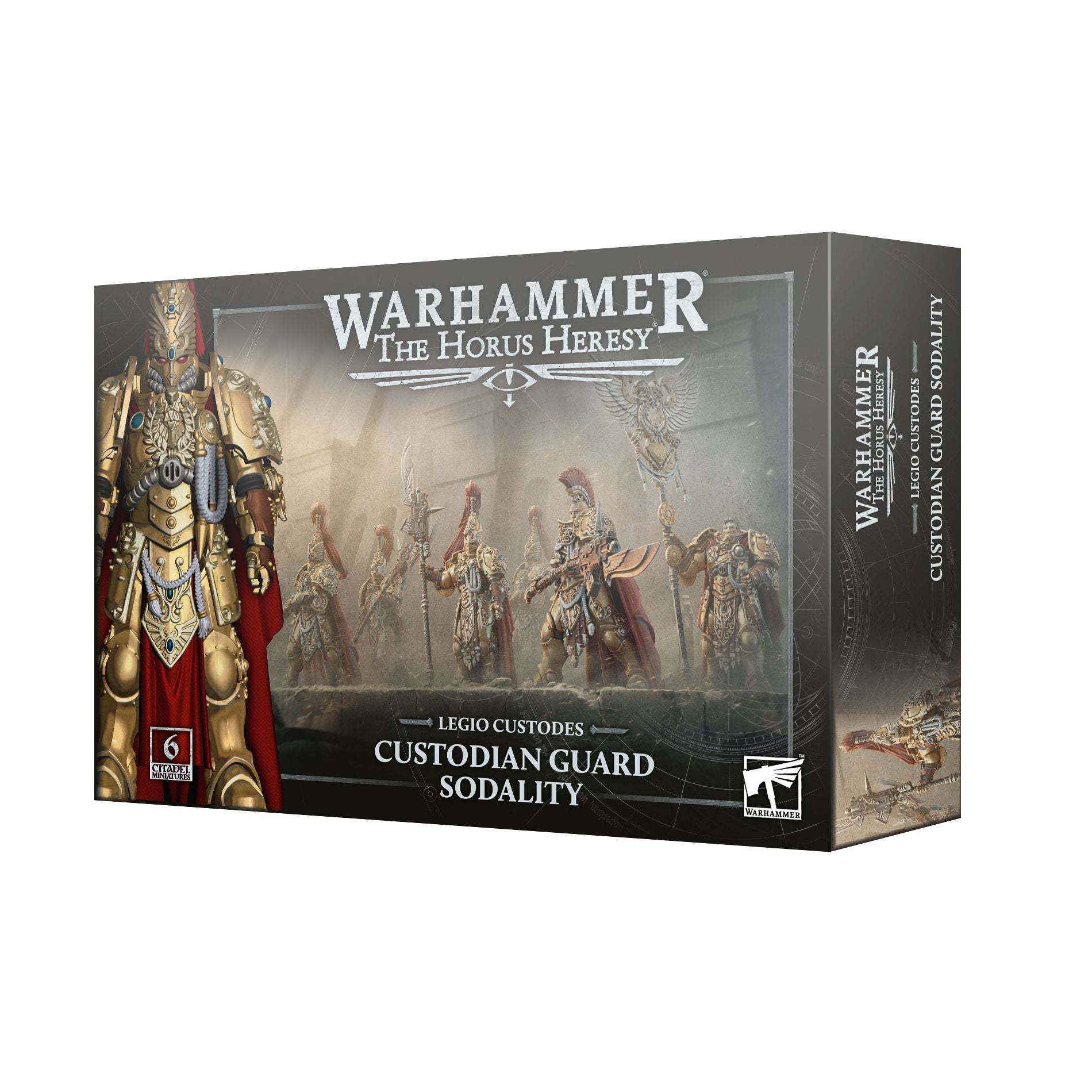 Close-up of the Custodian Guard Sodality from The Horus Heresy Legio Custodes by Games Workshop, showing detailed armor and weapons.