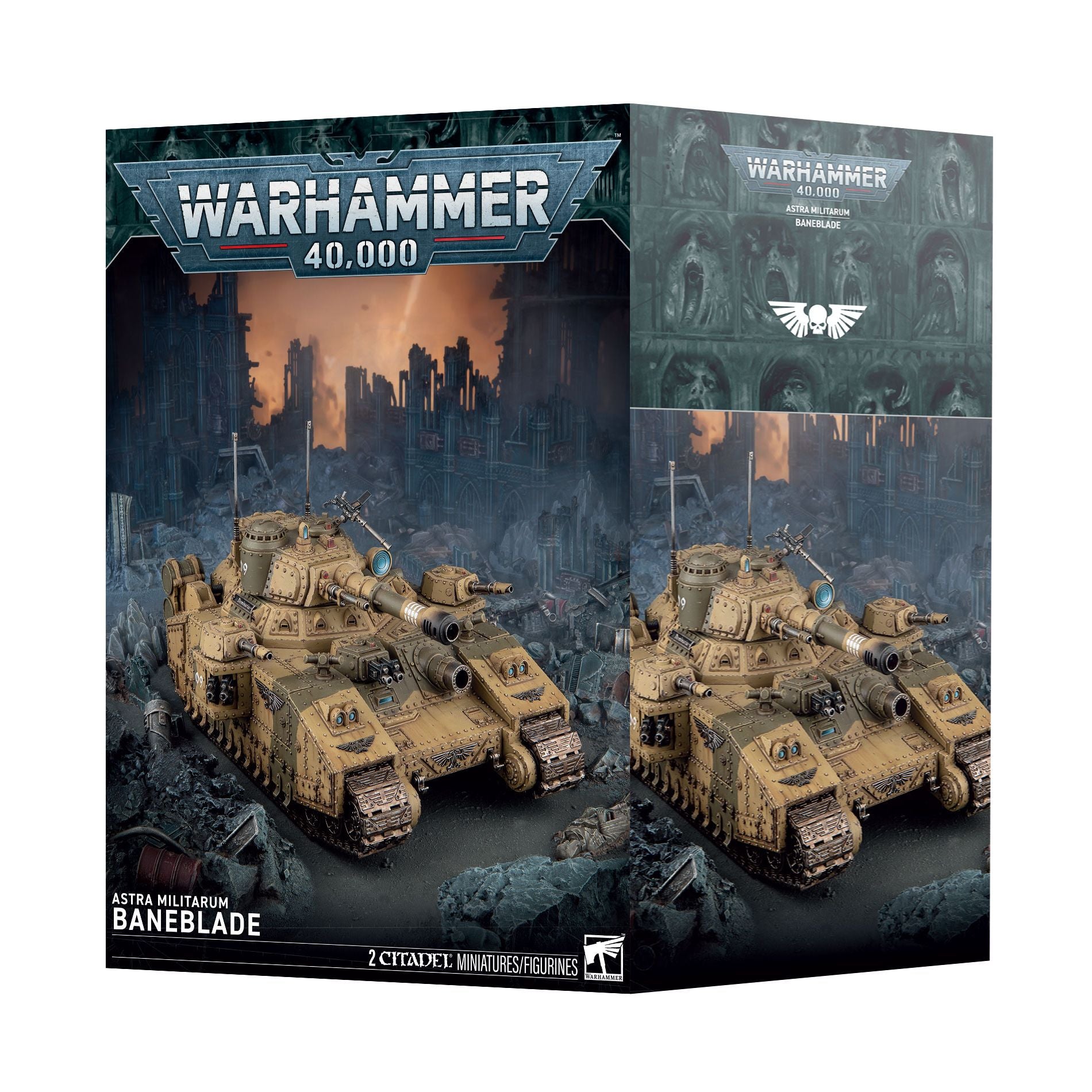Warhammer 40,000 Astra Militarum Baneblade 20mm miniature figures box set by LCG, featuring desert-colored tanks on a dark, ruined cityscape background.
