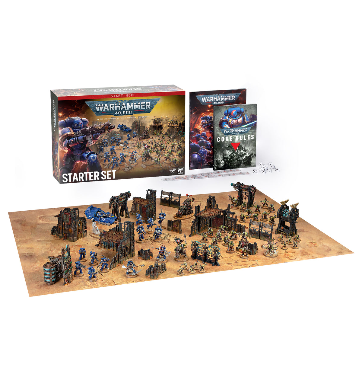 Warhammer 40k Starter Set tabletop gaming kit on a white background, showing the main box, rulebook, terrain pieces, and painted miniatures arranged on a playmat.