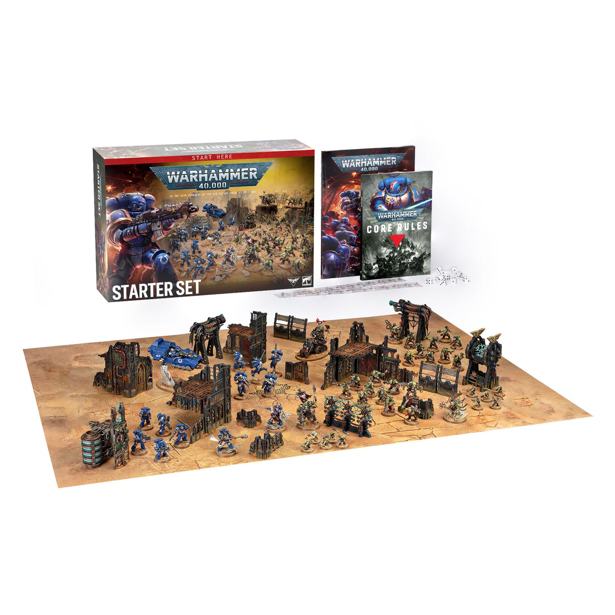 Warhammer 40k Starter Set tabletop gaming kit on a white background, showing the main box, rulebook, terrain pieces, and painted miniatures arranged on a playmat.