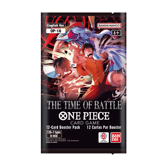 Bandai One Piece OP-16 The Time of Battle booster box with colorful character illustrations and packaging design.