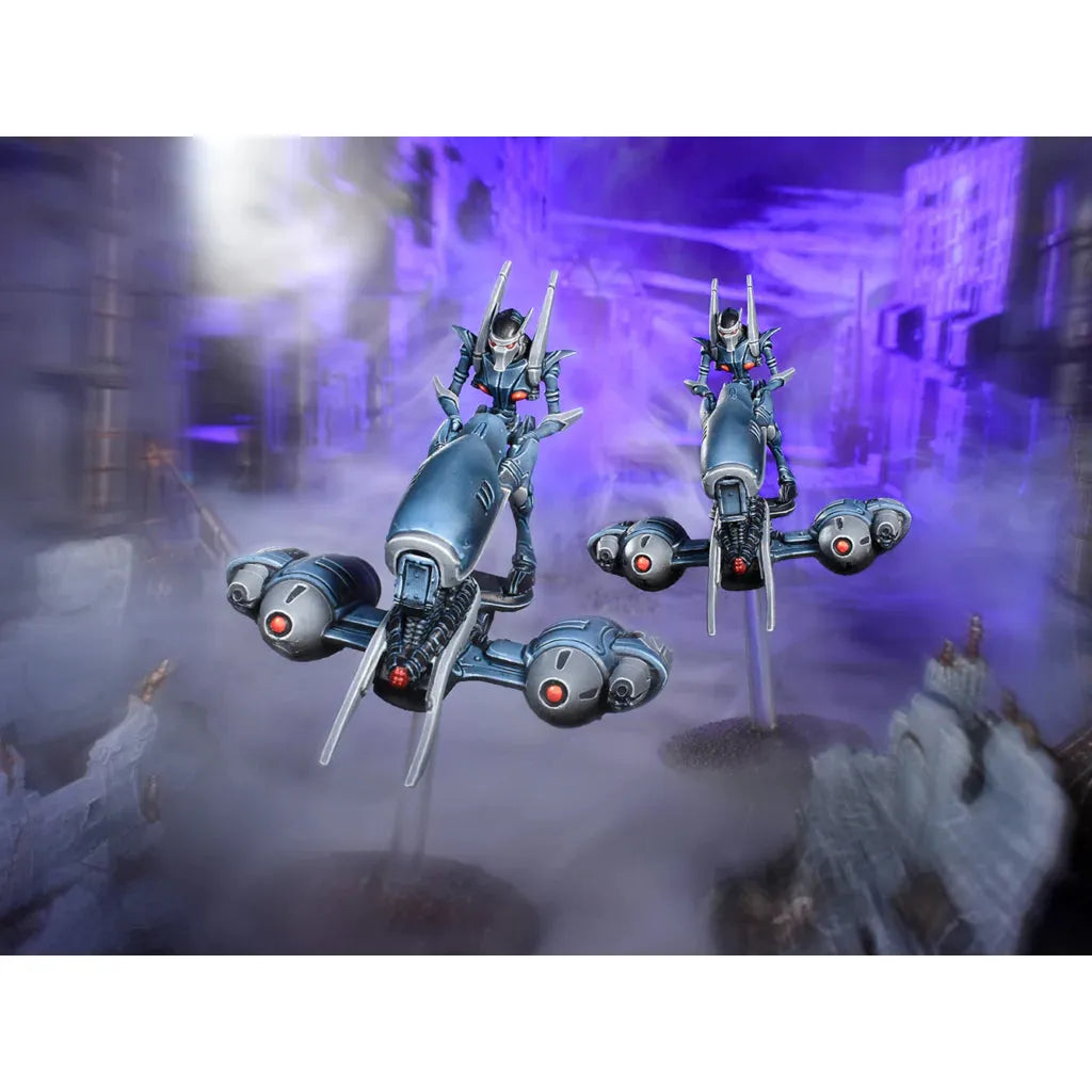Sleek FireFight Asterian Sky Razors models by Mantic Games, featuring Cypher constructs in a misty landscape.