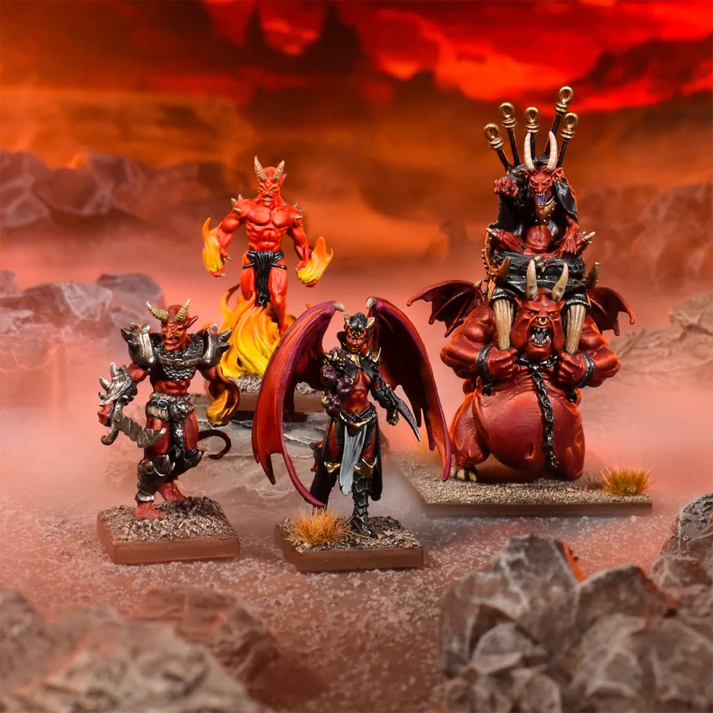 Kings of War Forces of the Abyss Hero Pack featuring resin models of Abyssal Champion, Seductress, Efreet, and Abyssal Warlock.