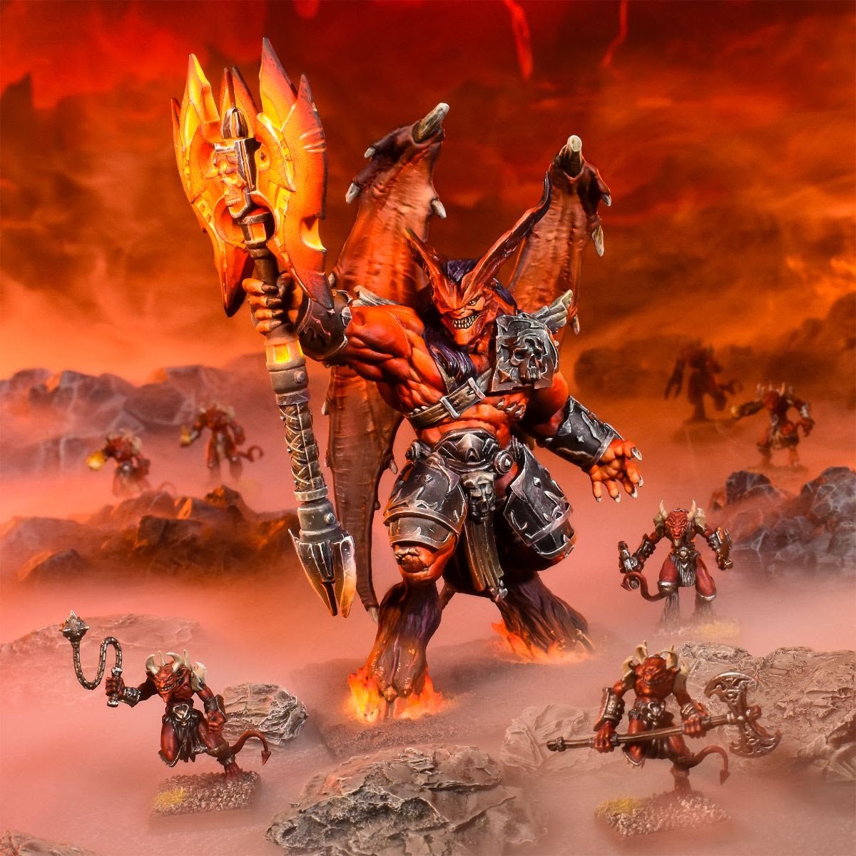 Kings of War The Lord of Lies miniature figure in fiery landscape.