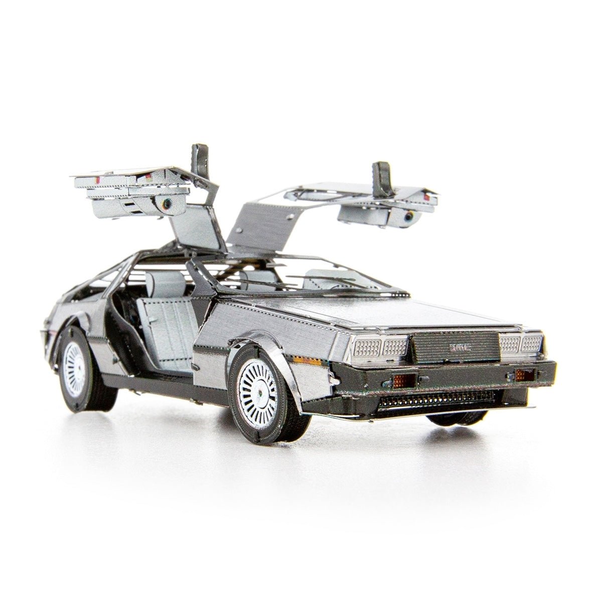 Metal Earth DeLorean model with gull-wing doors and stainless steel body.