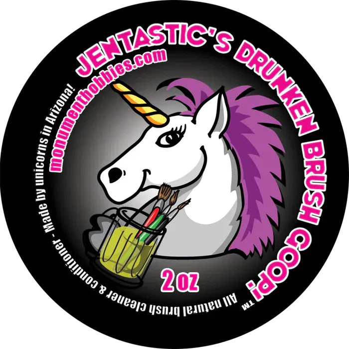 Jentastic's Drunken Brush Goop 2oz bottle with unicorn illustration and brush holder.