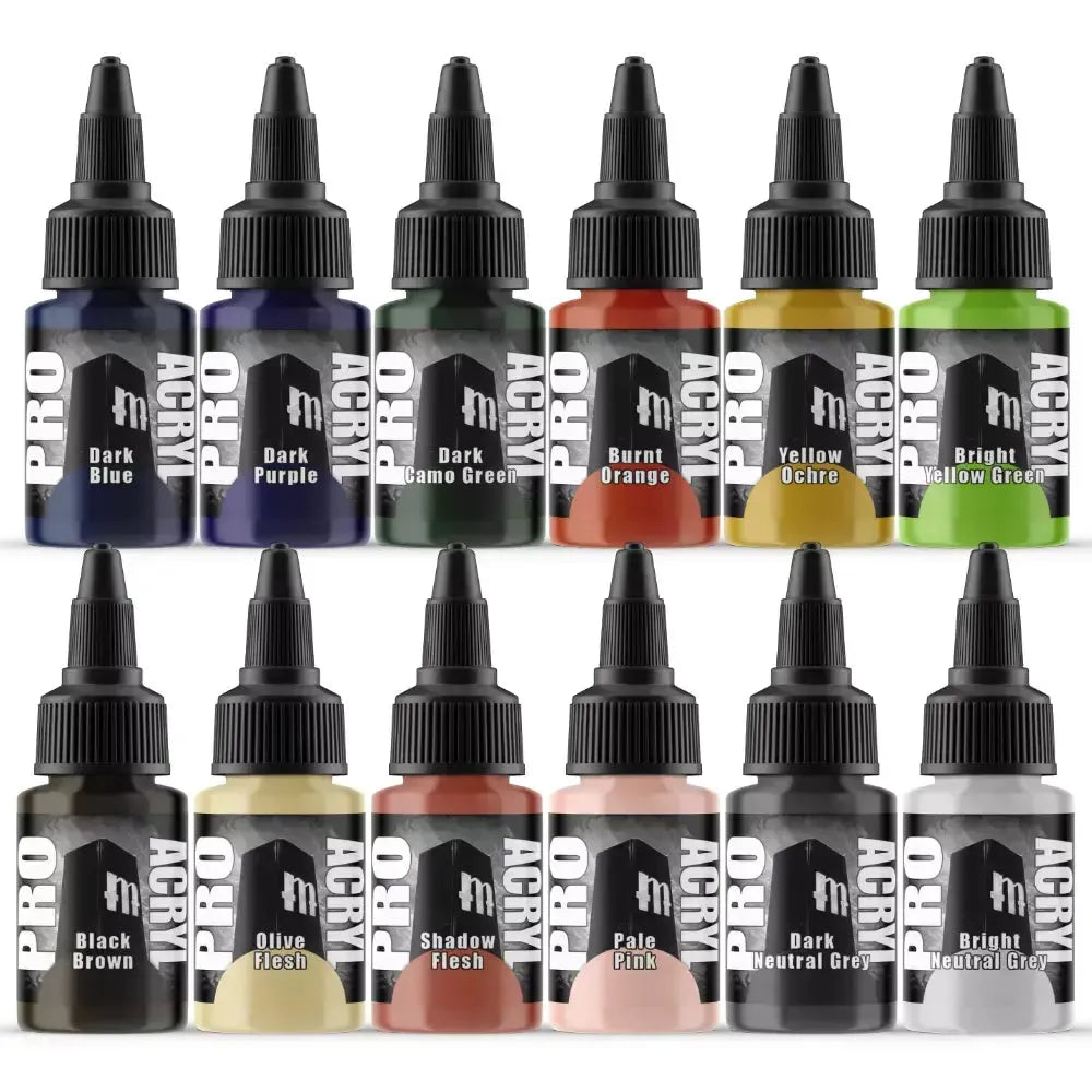 Monument Hobbies Pro Acryl Expansion Set #1 with 12 vibrant acrylic paint colors in 22ml bottles.