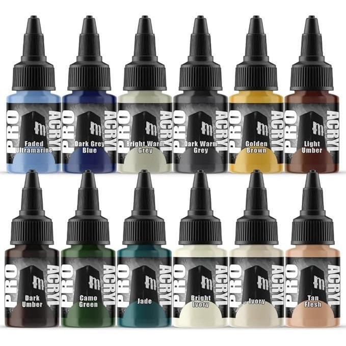 Monument Hobbies Pro Acryl Base Set with 12 vibrant acrylic paints for plastic models, featuring no-clog caps and glass agitators.