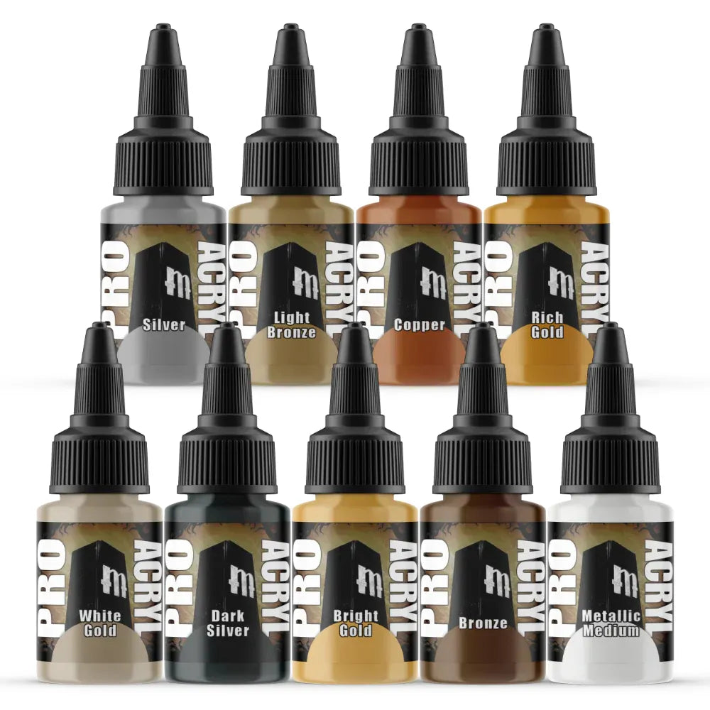 Monument Hobbies Pro Acryl Expansion Set Metallic, featuring 9 metallic colors including Bronze, Copper, and Silver.