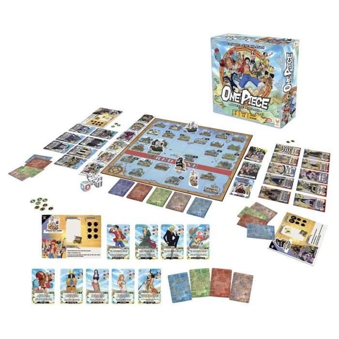 One Piece: Adventure Island board game with cards, tokens, and game board featuring anime artwork.