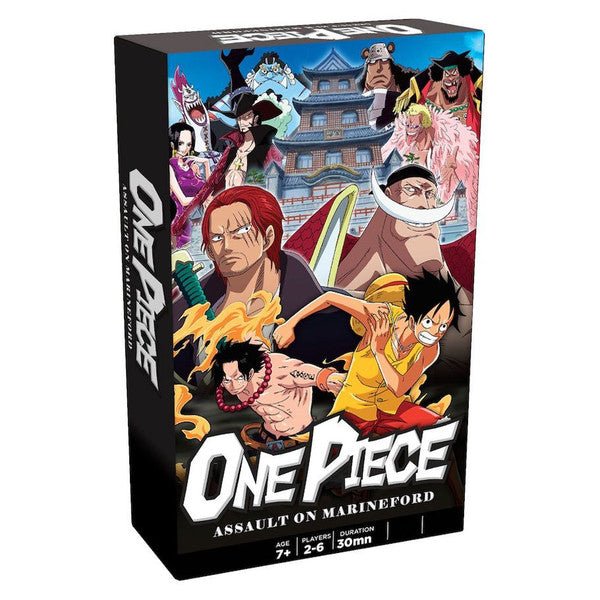 One Piece: Assault on Marine Ford board game box featuring iconic characters.