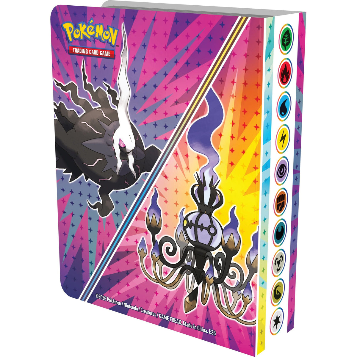Back cover of the Pokémon TCG Mini Portfolio Q4 2026 showing Mega Darkrai and Mega Chandelure