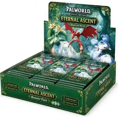 Bushiroad Palworld Official Card Game Eternal Ascent Booster Box with 12 packs, featuring colorful trading cards and game artwork.