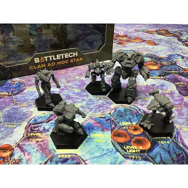 BattleTech Clan Ad Hoc Star Miniatures Pack on game board with box.