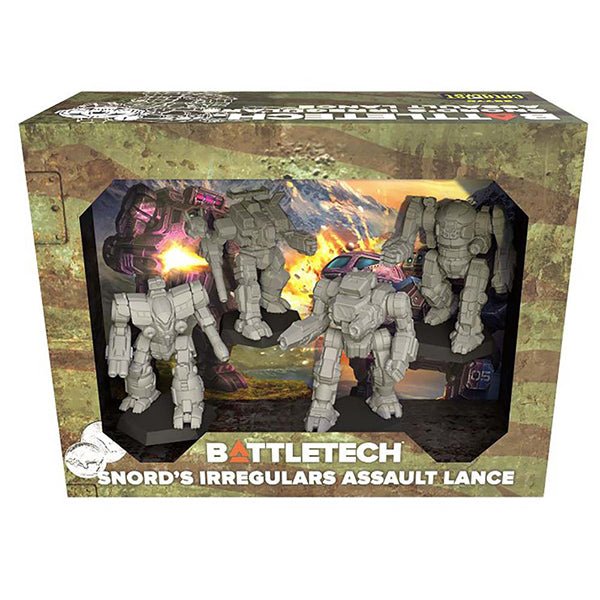 BattleTech Snord's Irregulars Assault Lance Pack featuring Spartan, FrankenMech, Guillotine, Highlander, and pilot cards.