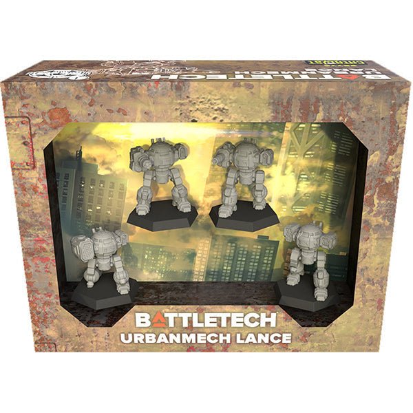 BattleTech UrbanMech Lance Pack with four mech miniatures in a scenic display box.