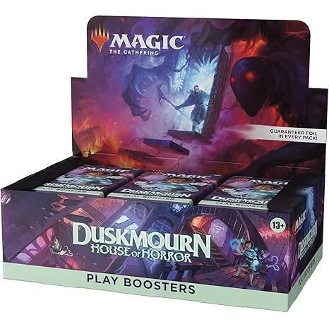 Magic The Gathering Duskmourn Play Boosters box with 36 packs containing 14 cards each.