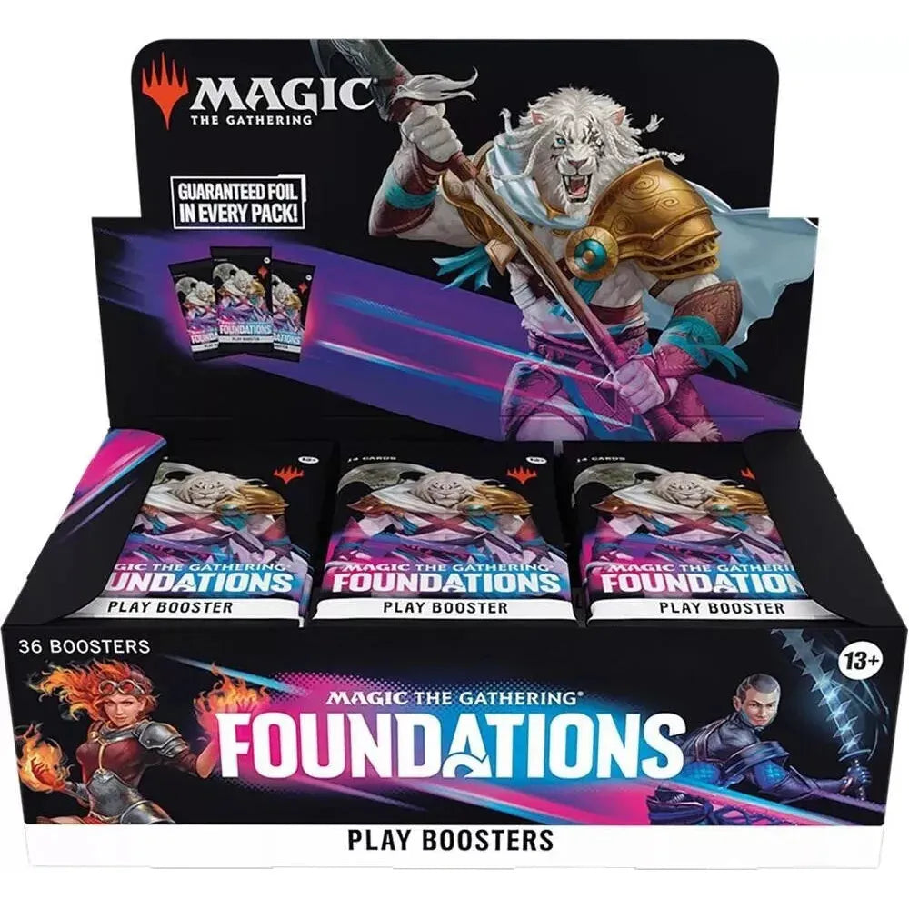 Magic The Gathering Foundations Play Booster Box with 36 packs of cards.