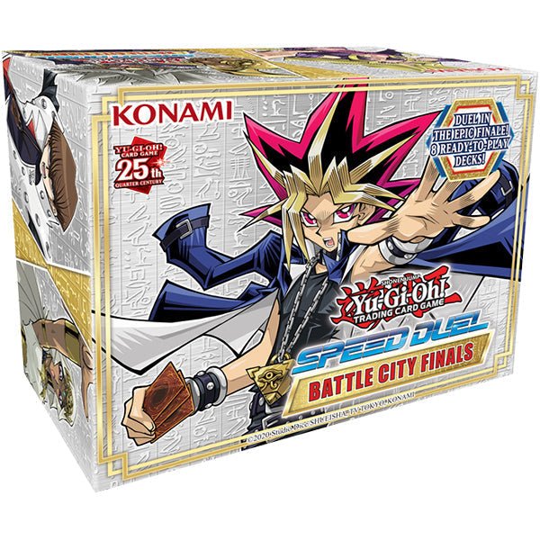 Yu-Gi-Oh Speed Duel Battle City Finals box featuring Yugi, with 8 decks and exclusive cards.