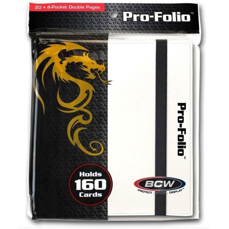 BCW Pro-Folio white binder with 4-pocket pages, holds 160 cards, features elastic band closure.