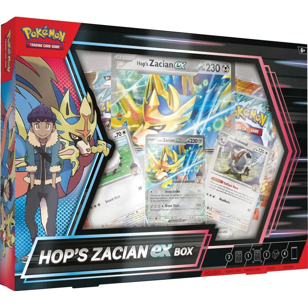 Hop's Zacian ex Box Pokémon TCG with foil promo cards, oversize card, sticker, booster packs, and code card.